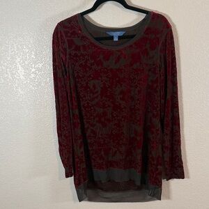 Simply Vera Red Burn Out Velvet Damask Print Long Sleeve Top Semi Sheer Size XL